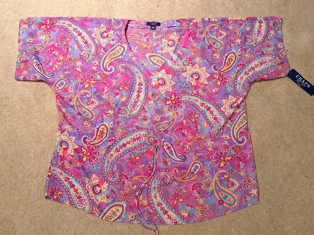 Chaps Women Plus 2X Top Blouse Pink Purple Paisley Metallic Drawstring VNeck NWT